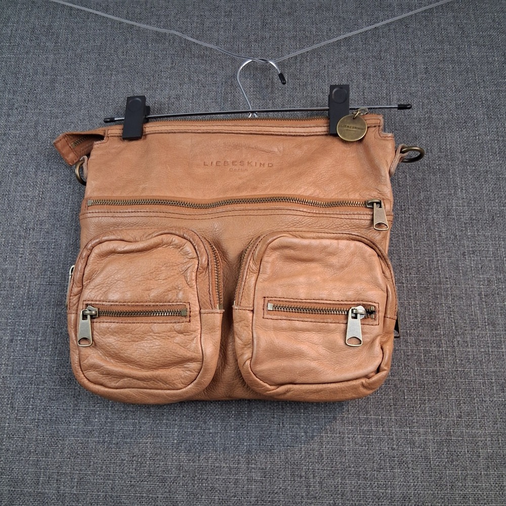 Liebeskind Berlin Tan Leather Multi Pocket Crossbody Bag Plaid Lining Utility
